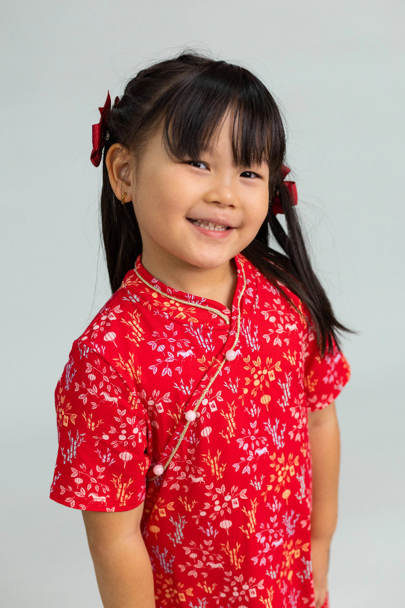 Jersey Wendy Cheongsam - Red Floral Bamboo