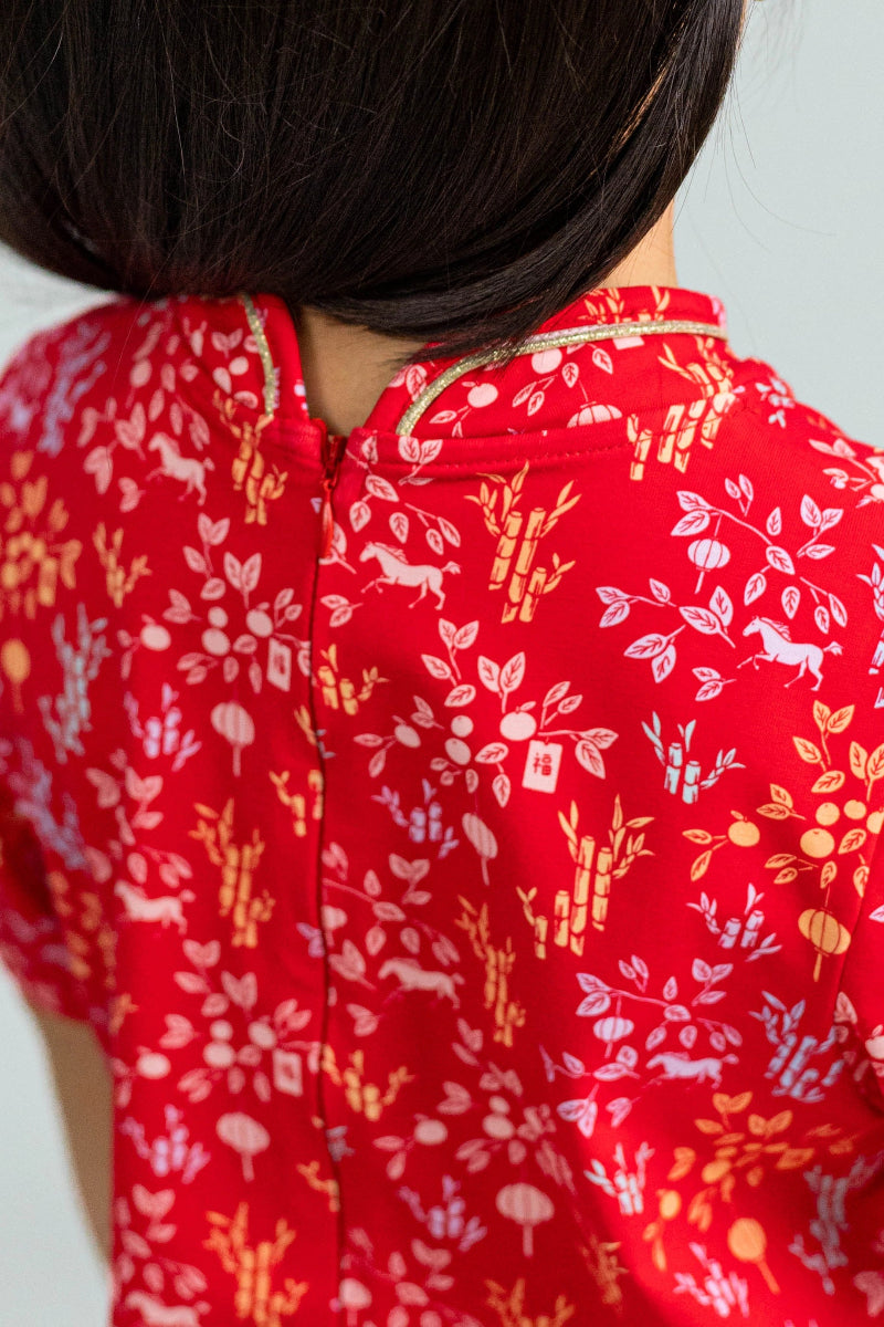Jersey Wendy Cheongsam - Red Floral Bamboo