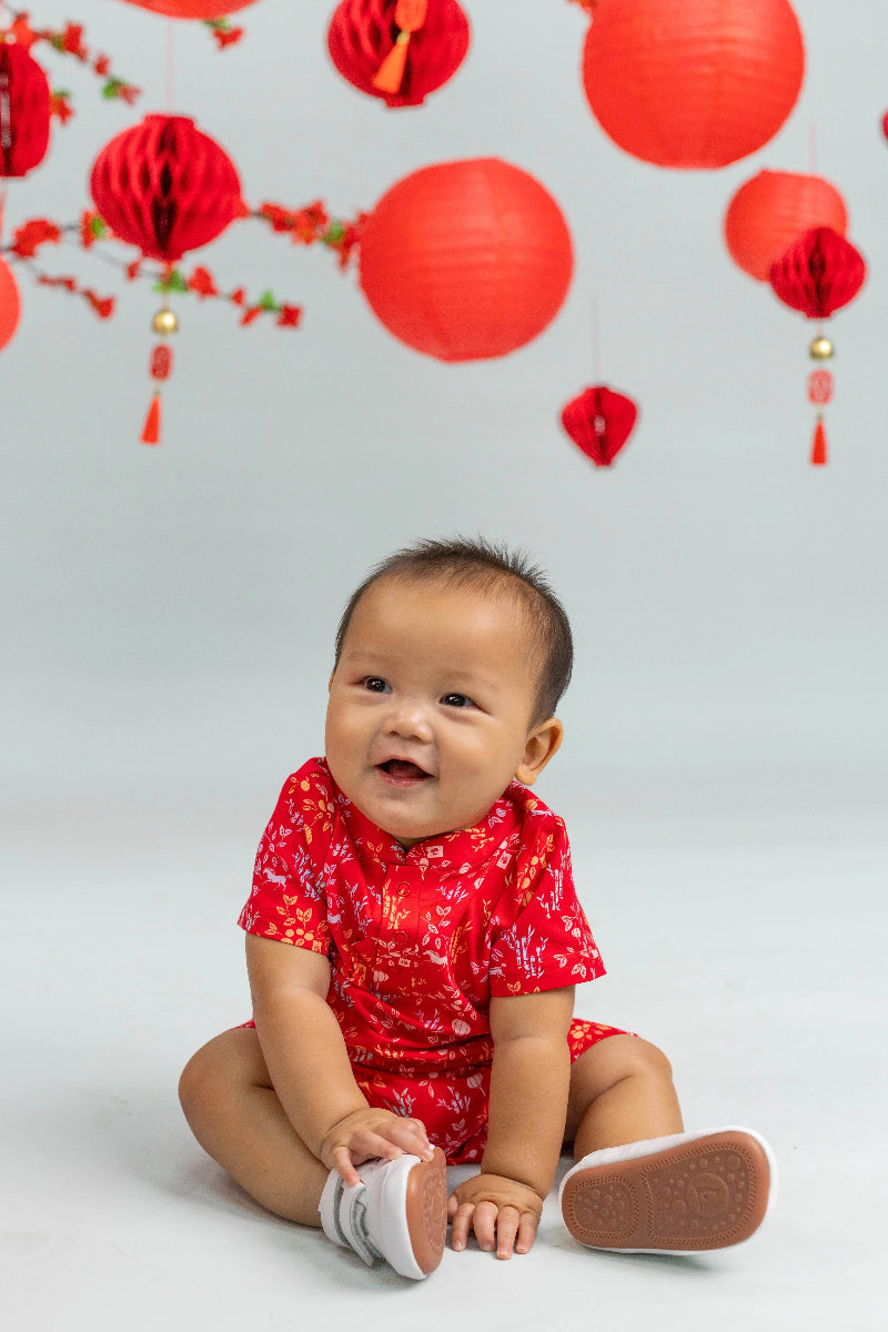 Mandarin-collared Polo Romper - Red Floral Bamboo