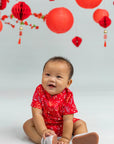 Mandarin-collared Polo Romper - Red Floral Bamboo
