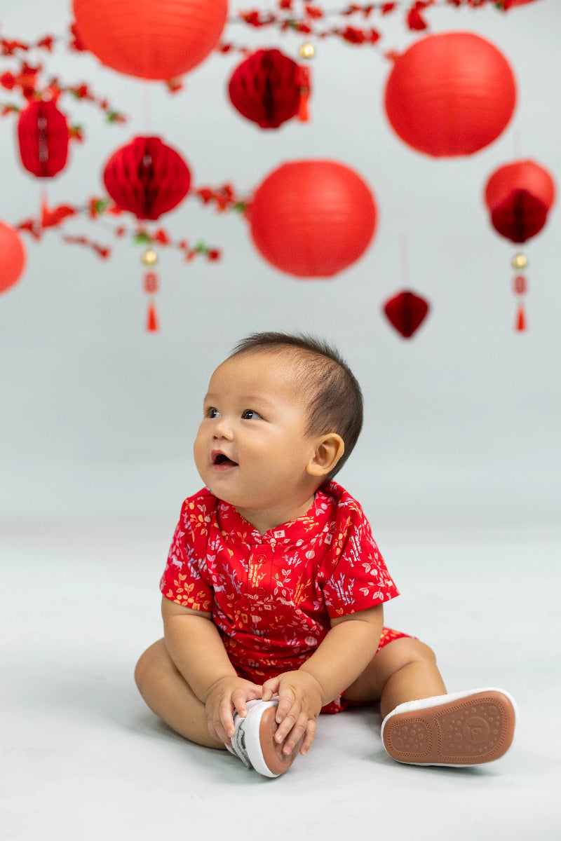 Mandarin-collared Polo Romper - Red Floral Bamboo