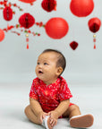 Mandarin-collared Polo Romper - Red Floral Bamboo