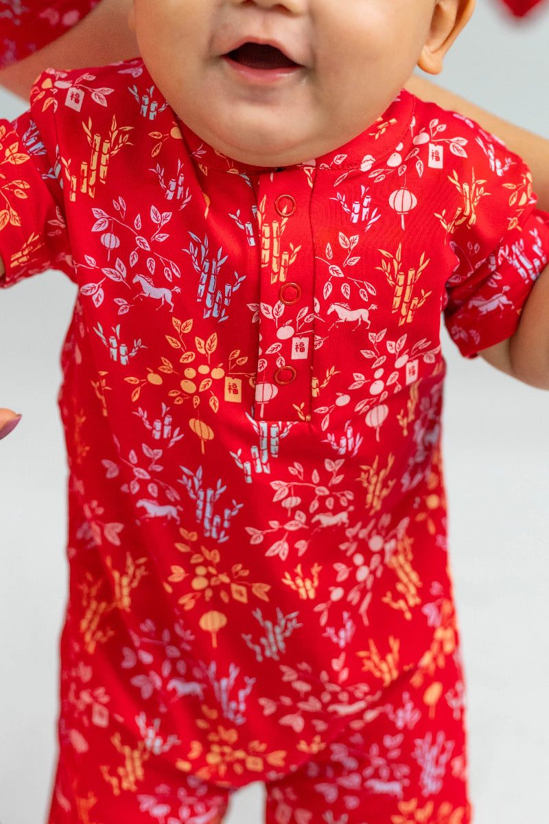 Mandarin-collared Polo Romper - Red Floral Bamboo