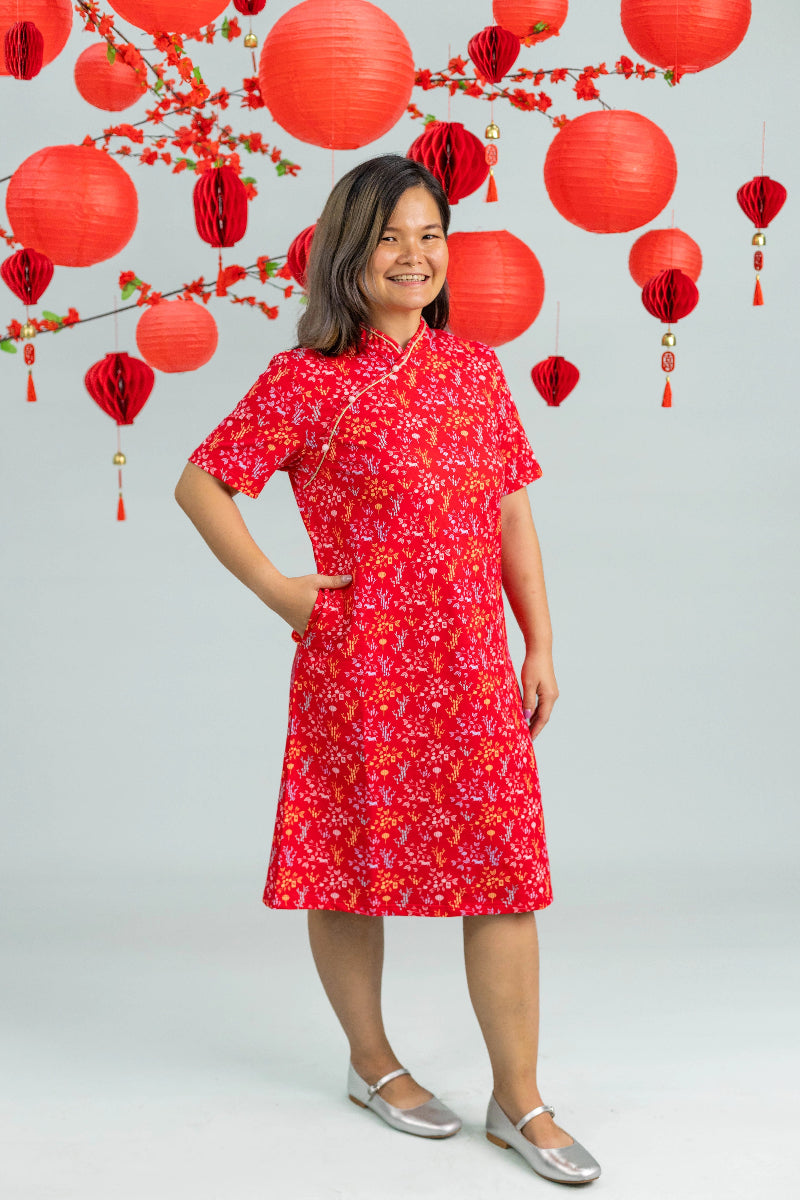 Ladies Wendy Cheongsam - Red Floral Bamboo
