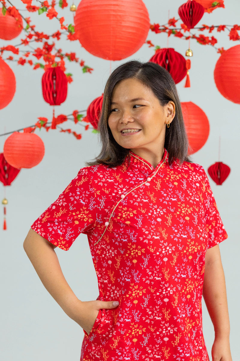 Ladies Wendy Cheongsam - Red Floral Bamboo