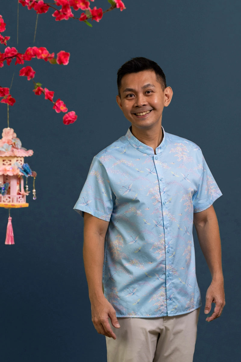 Men's Mandarin-collared Shirt - Blue Cranes