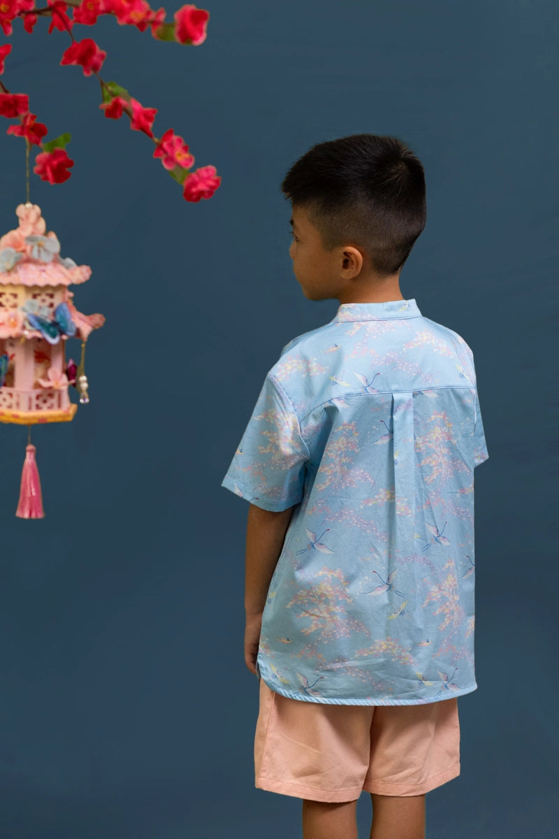 Mandarin-collared Shirt - Blue Cranes