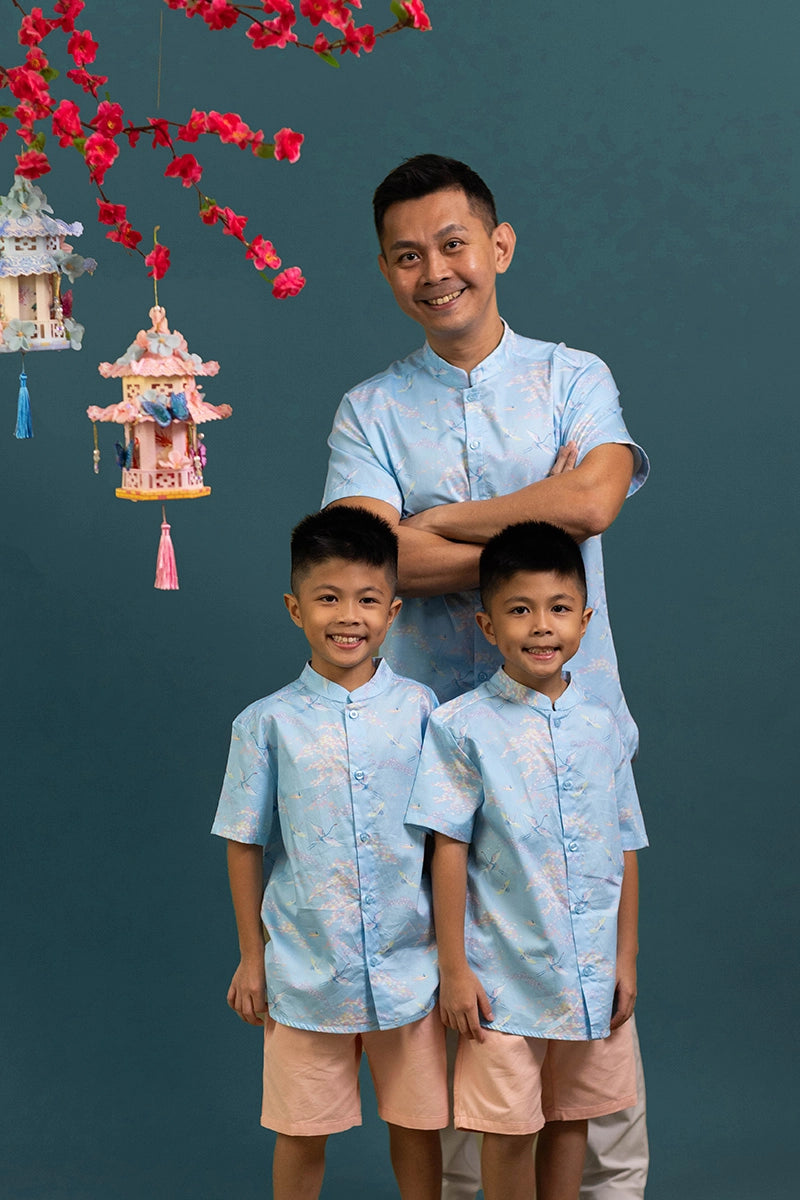 Men's/Boys Mandarin-collared Shirt - Blue Cranes