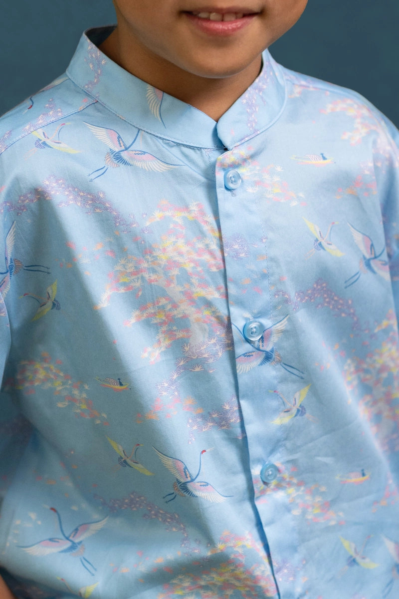 Mandarin-collared Shirt - Blue Cranes