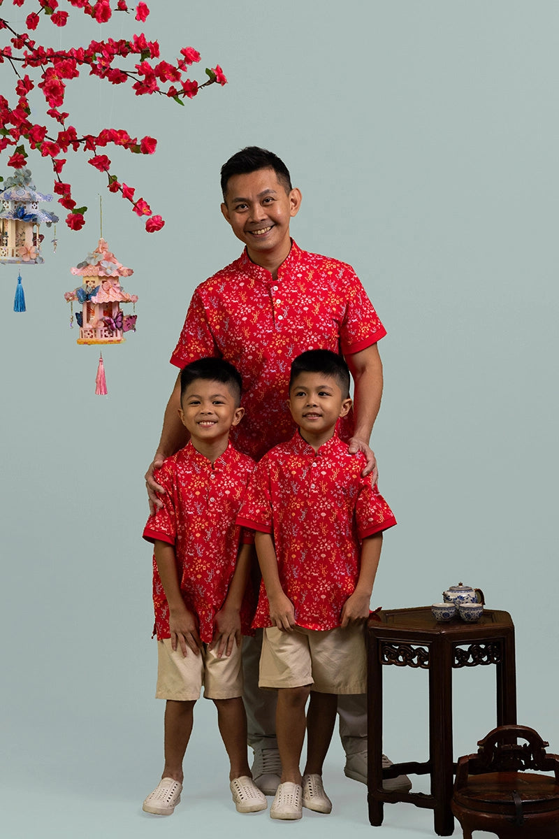 Red Floral Bamboo | Men's/Boys Mandarin-collared Polo Tee