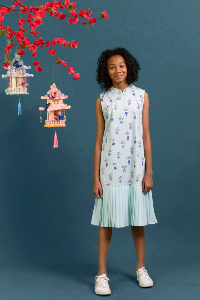 Drop Waist Cheongsam - Turquoise Vases