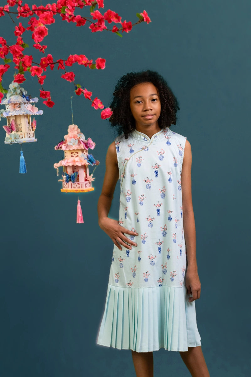 Drop Waist Cheongsam - Turquoise Vases