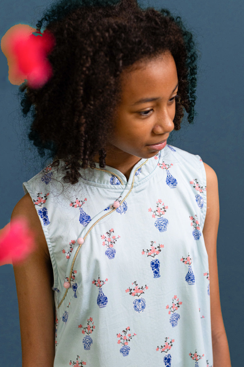 Drop Waist Cheongsam - Turquoise Vases