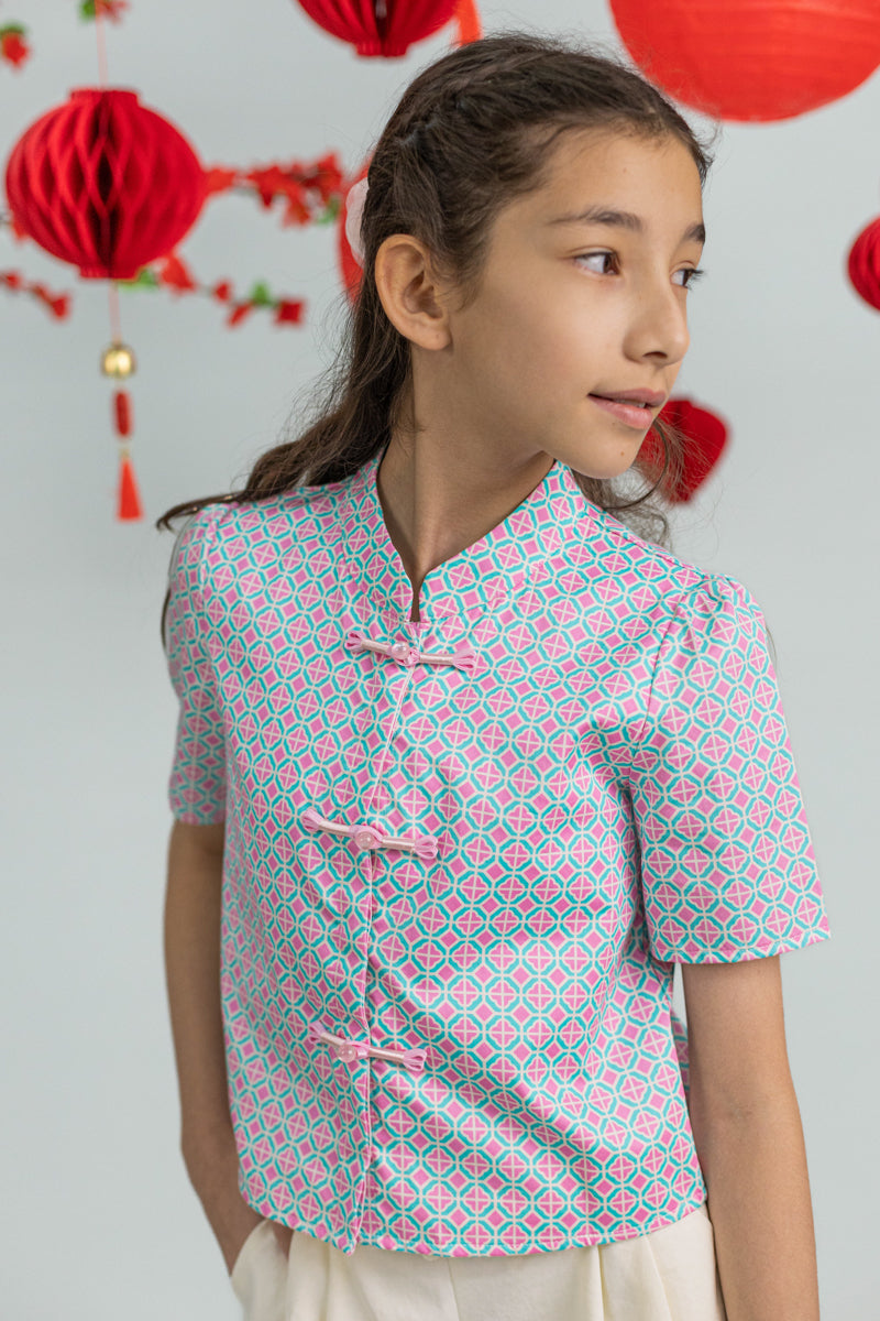 Ashley Top - Pink Teal Mosaic