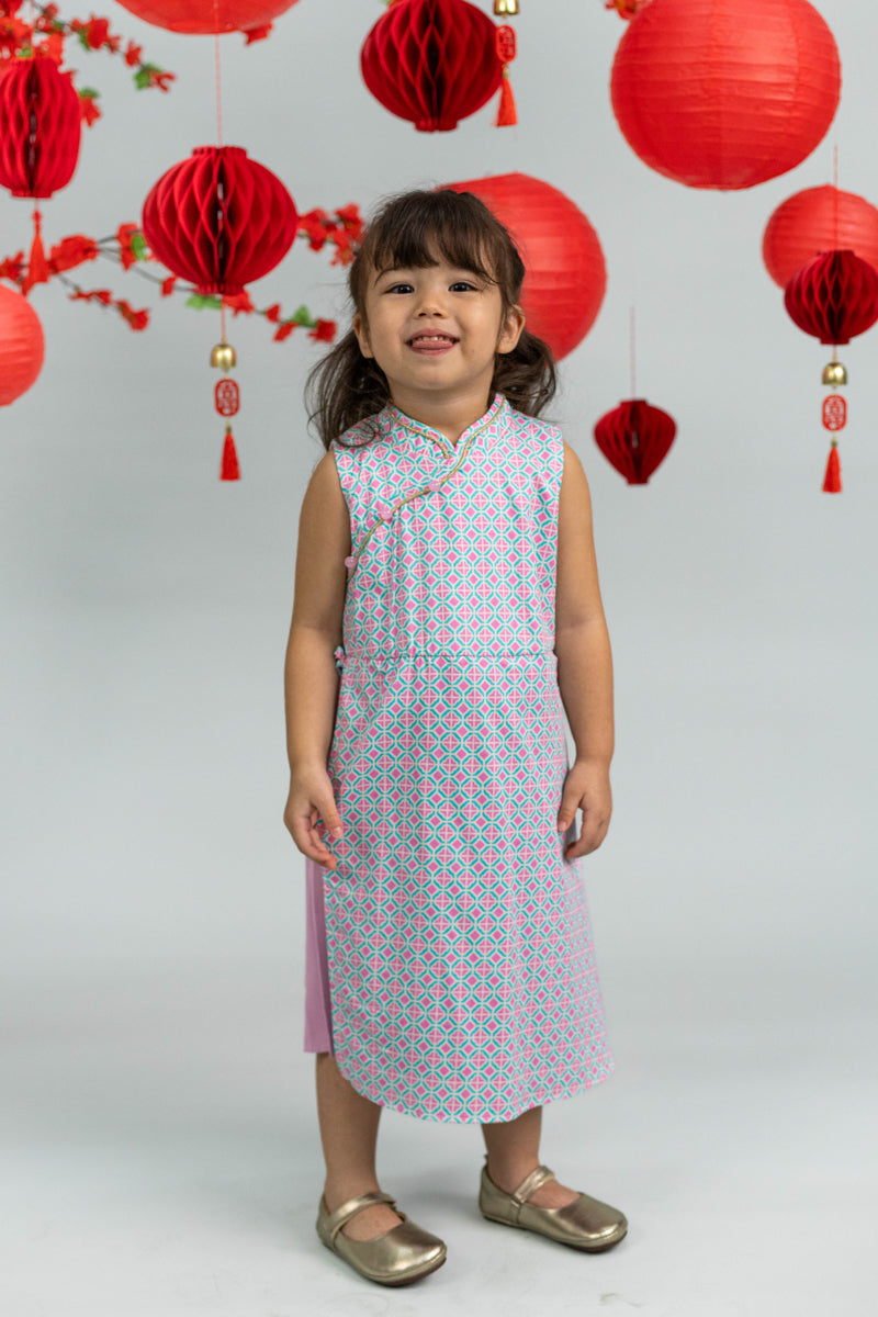 Wrap Cheongsam - Pink Teal Mosaic