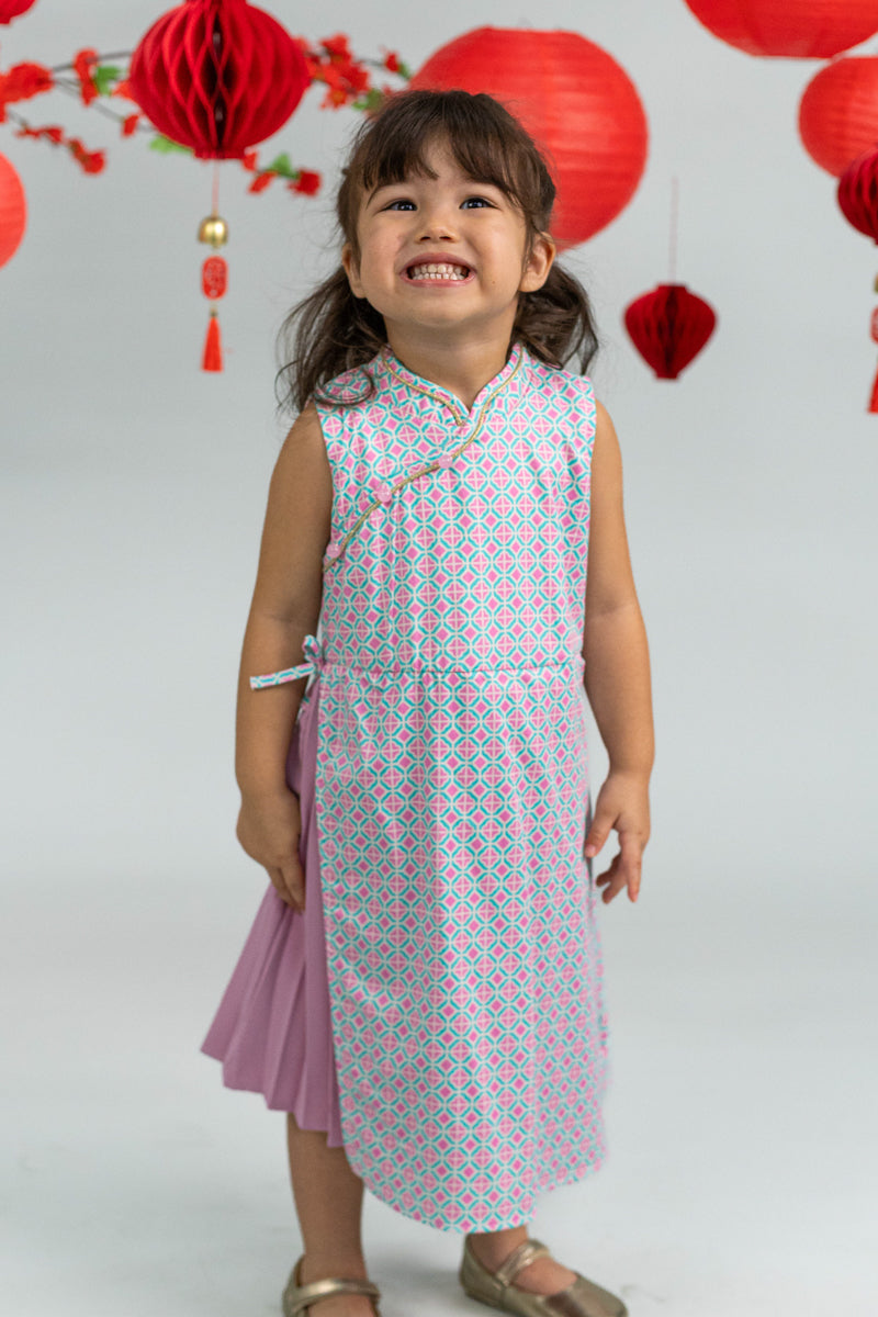 Wrap Cheongsam - Pink Teal Mosaic