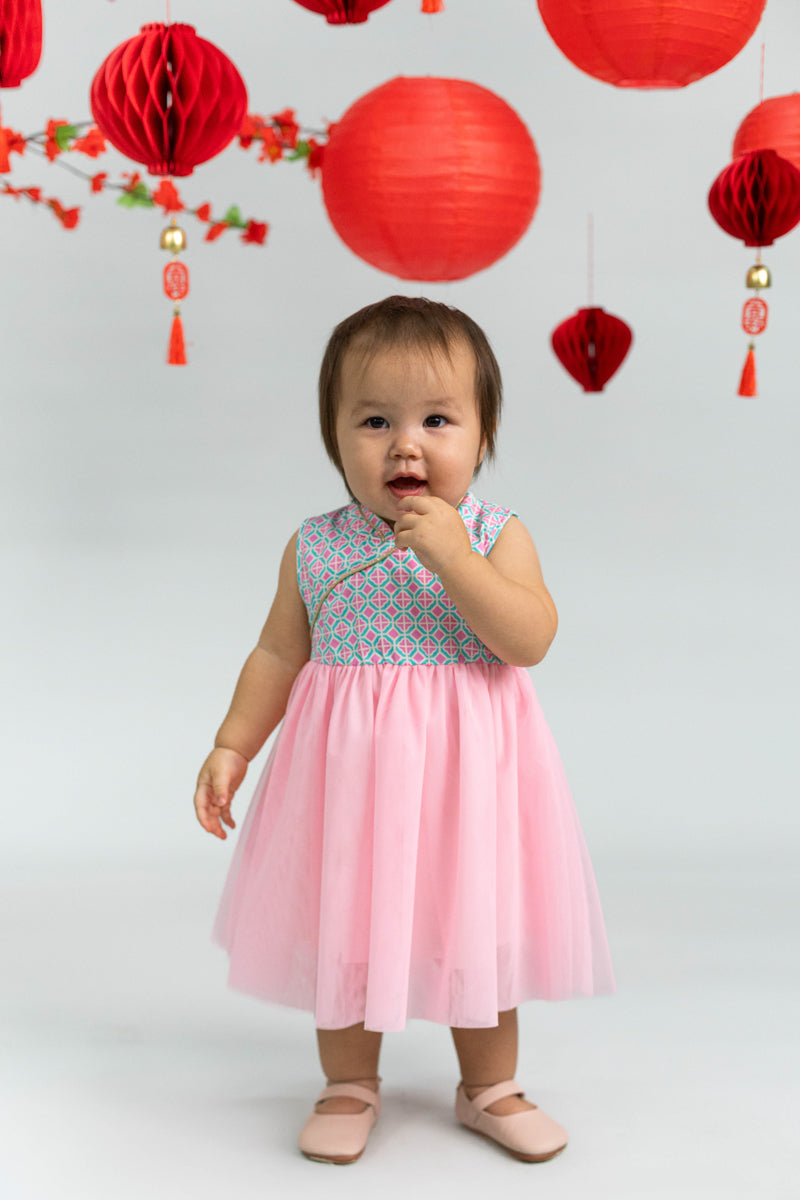 Flare Tulle Cheongsam - Pink Teal Mosaic