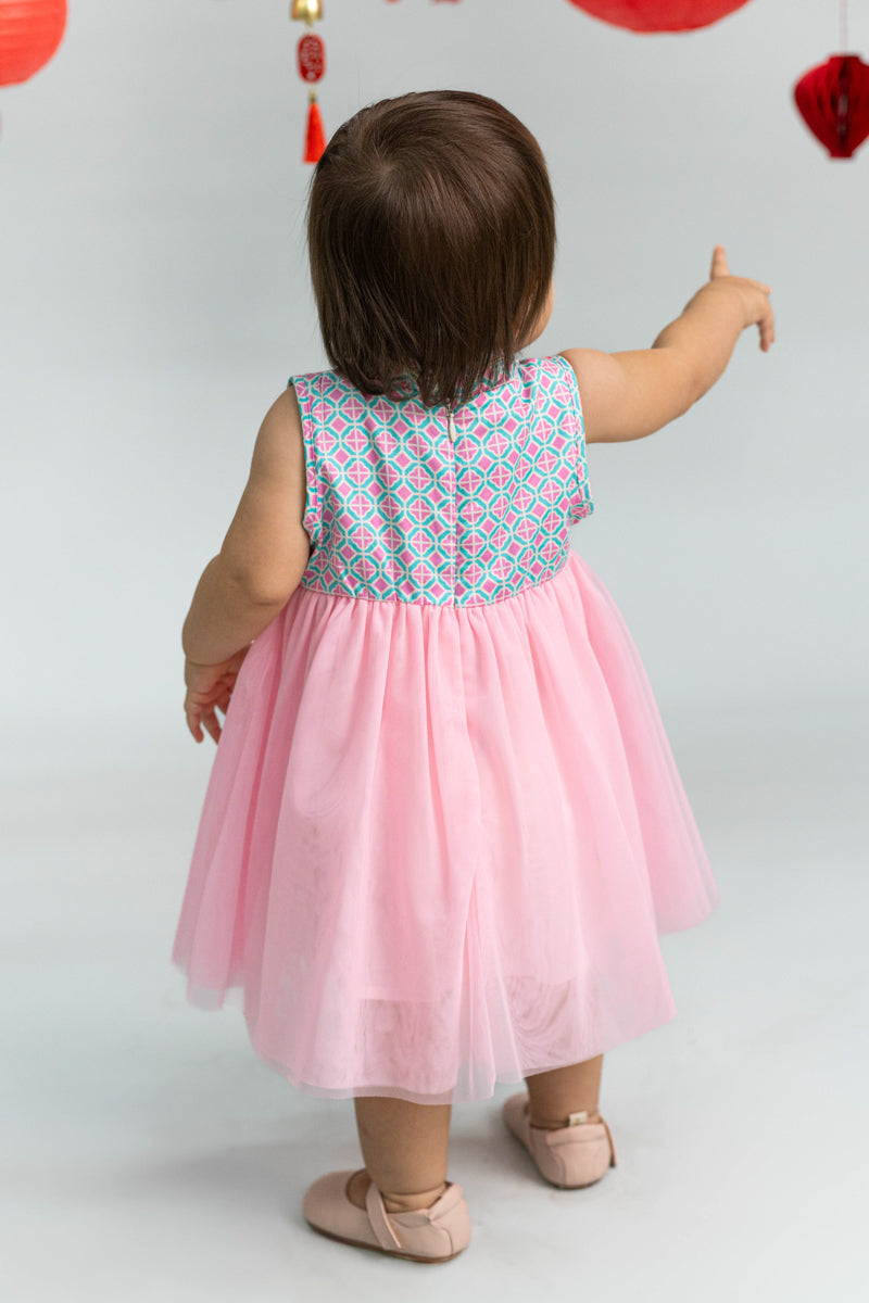 Flare Tulle Cheongsam - Pink Teal Mosaic