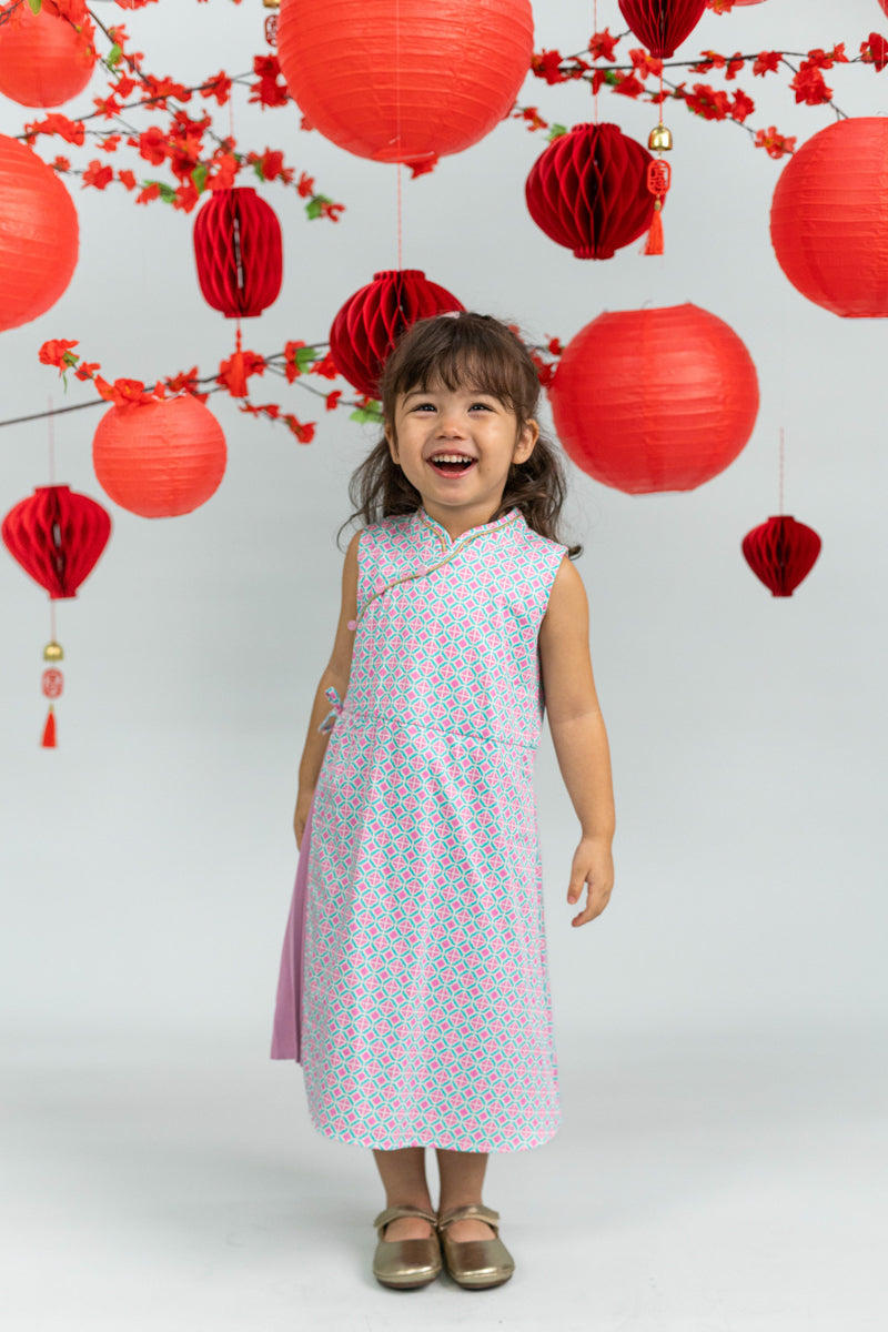 Wrap Cheongsam - Pink Teal Mosaic