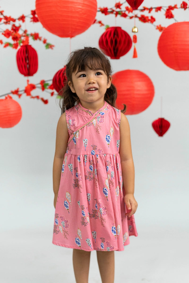 Flare Cheongsam - Pink Floral Lanterns