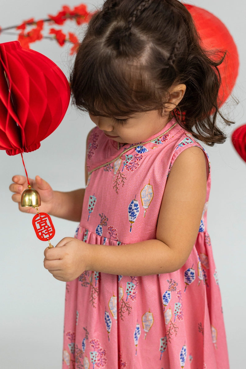 Flare Cheongsam - Pink Floral Lanterns