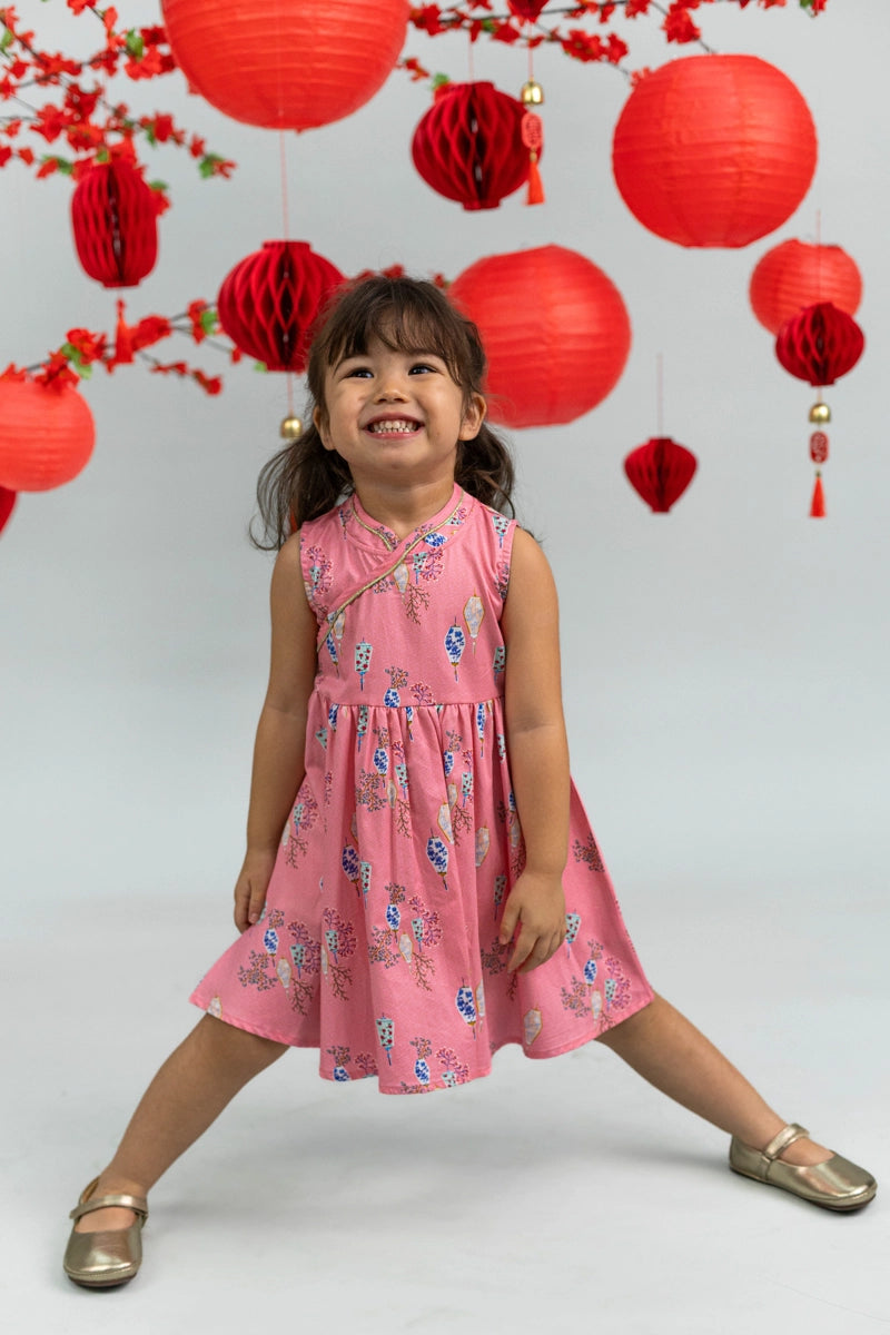 Flare Cheongsam - Pink Floral Lanterns