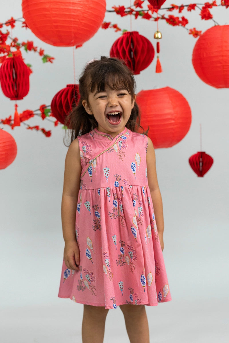 Flare Cheongsam - Pink Floral Lanterns