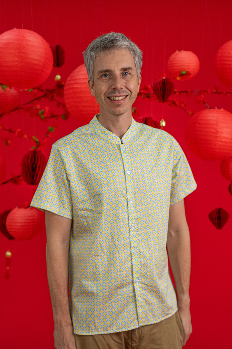 Men's Mandarin-collared Shirt - Yellow Blue Mosaic