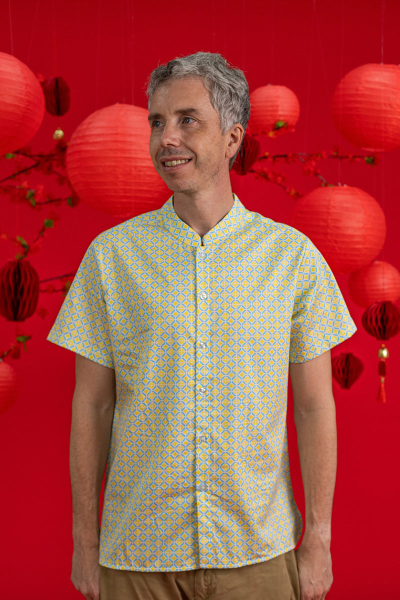 Men's Mandarin-collared Shirt - Yellow Blue Mosaic