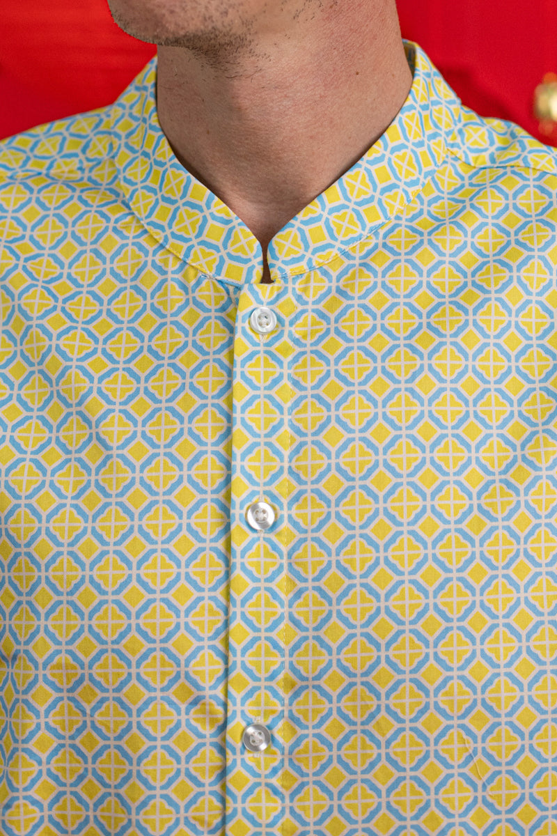 Men's Mandarin-collared Shirt - Yellow Blue Mosaic