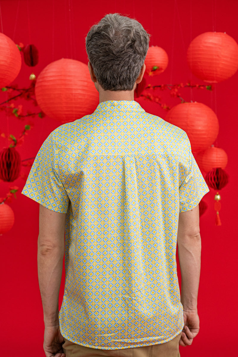 Men's Mandarin-collared Shirt - Yellow Blue Mosaic