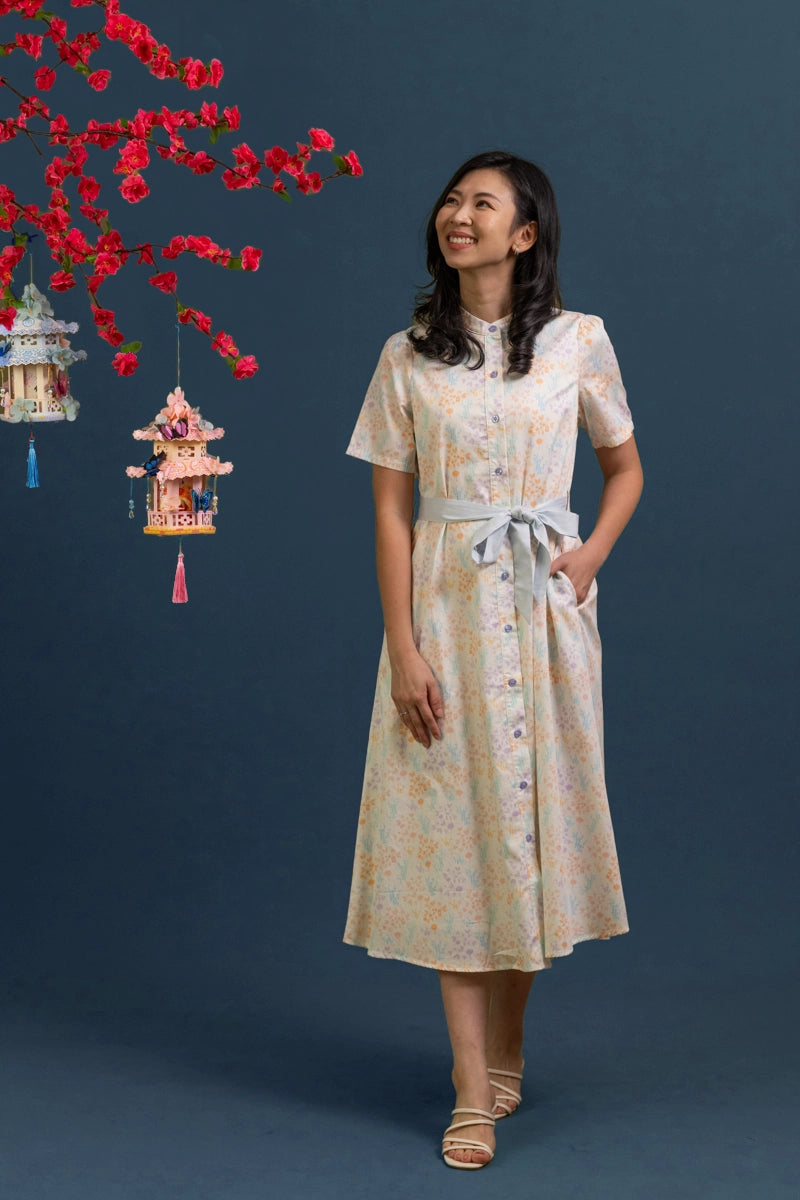 Ladies Sasha Dress - Cream Floral Bamboo