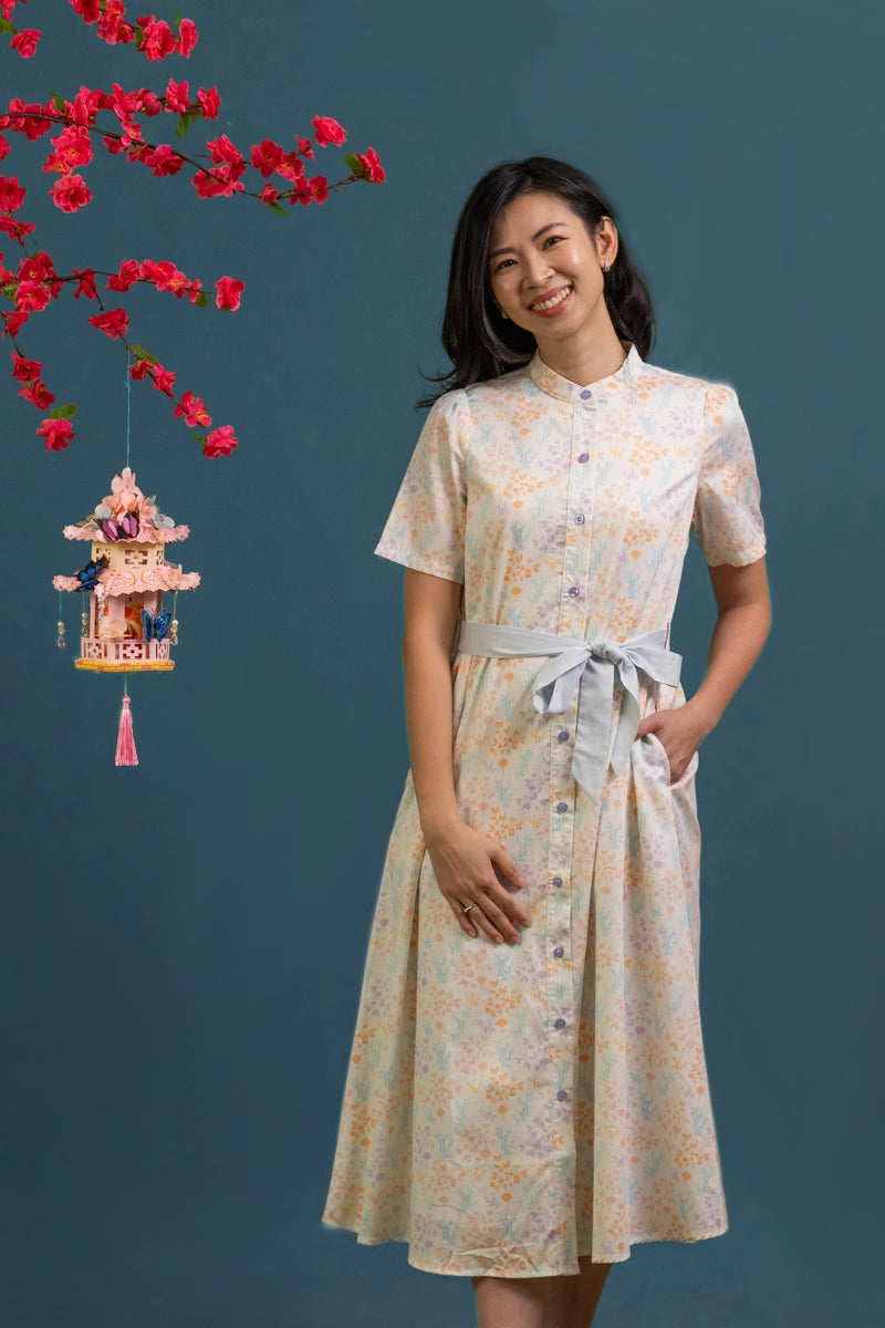 Ladies Sasha Dress - Cream Floral Bamboo