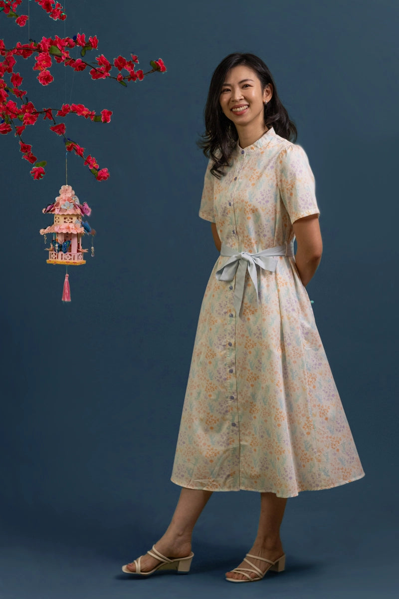 Ladies Sasha Dress - Cream Floral Bamboo