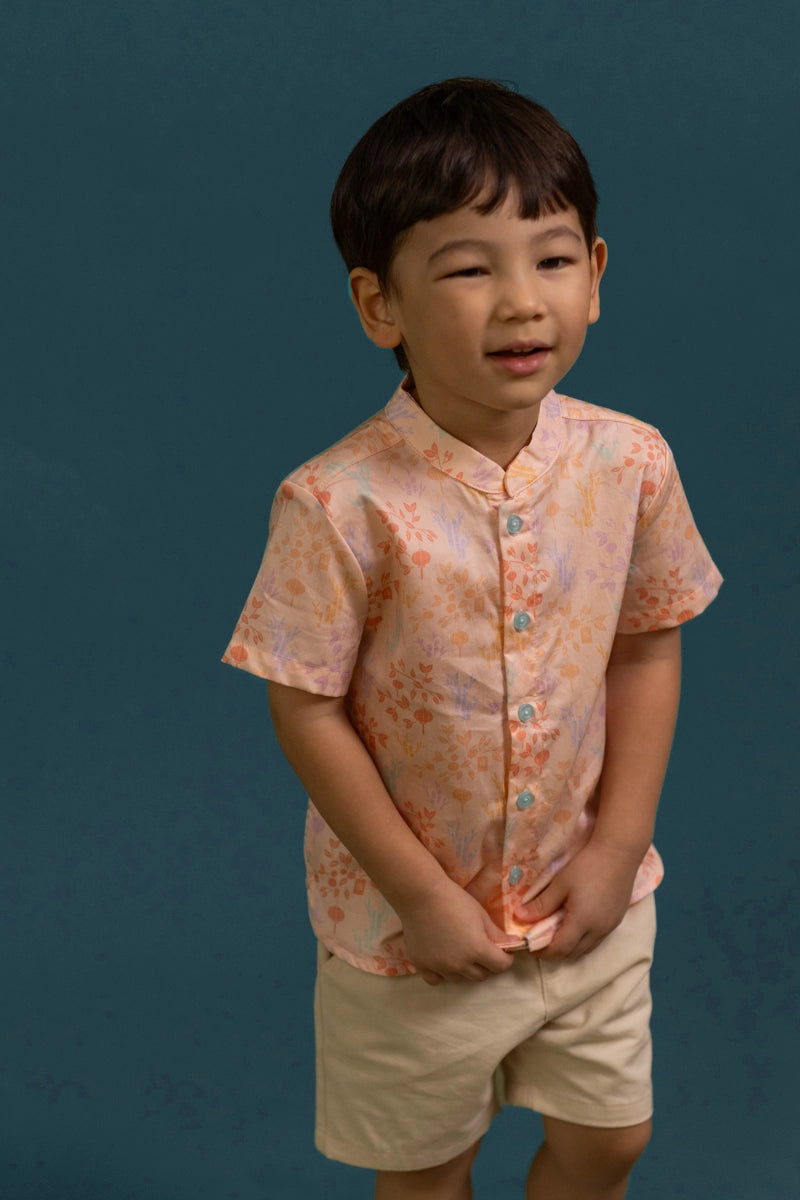 Mandarin-collared Shirt - Pink Floral Bamboo