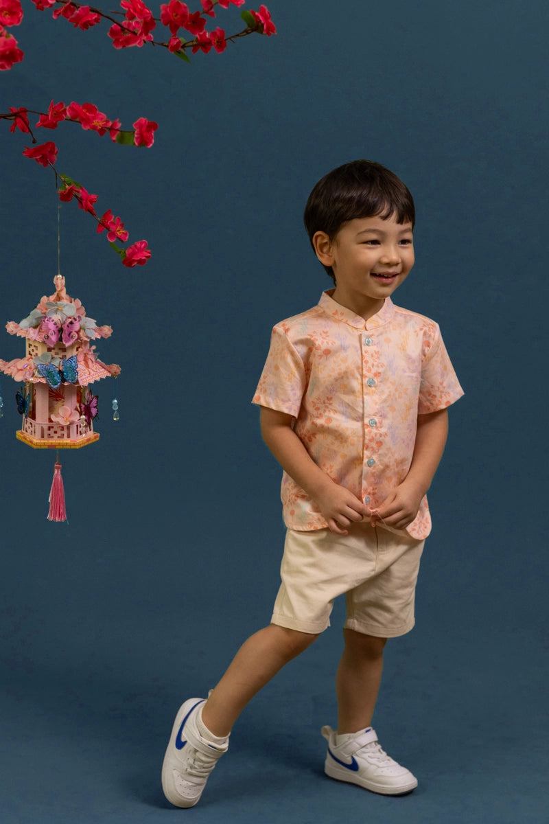 Mandarin-collared Shirt - Pink Floral Bamboo