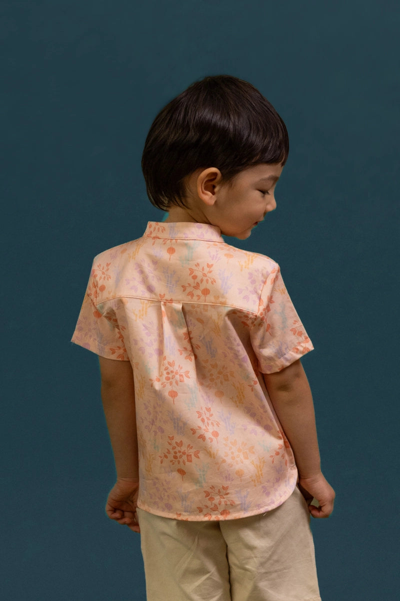 Mandarin-collared Shirt - Pink Floral Bamboo
