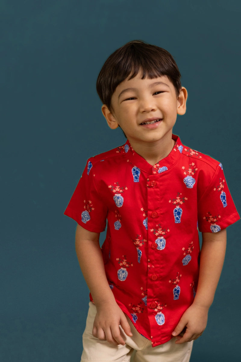 Mandarin-collared Shirt - Red Vases