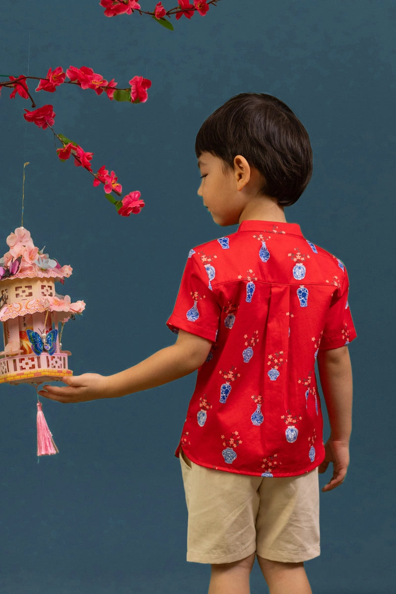 Mandarin-collared Shirt - Red Vases