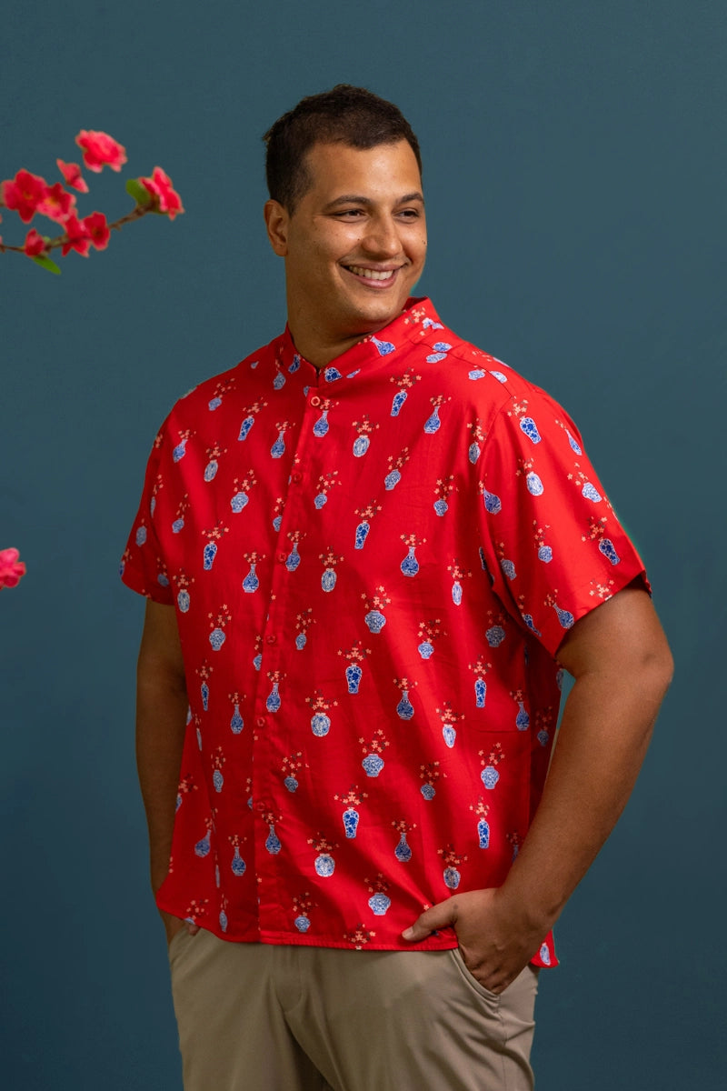 Men's Mandarin-collared Shirt - Red Vases