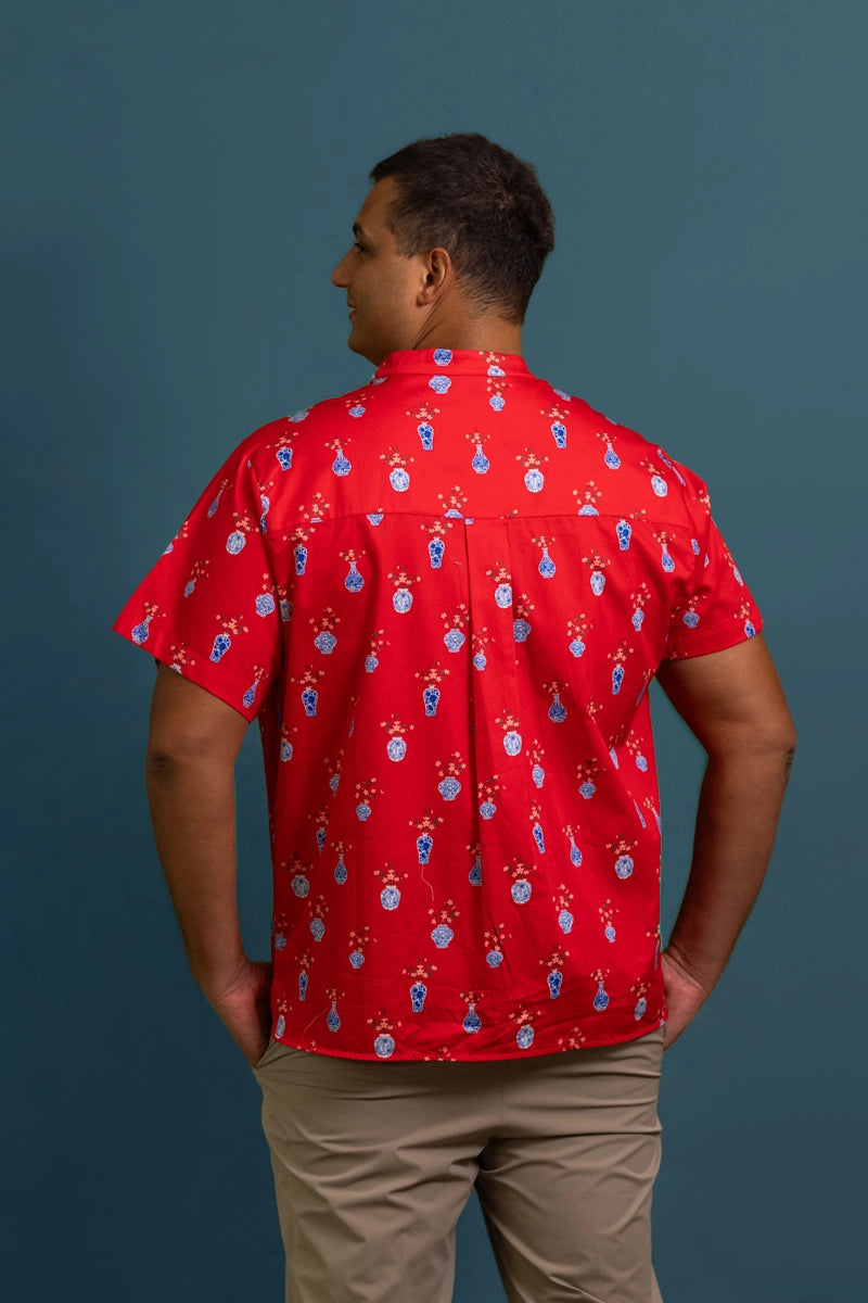 Men's Mandarin-collared Shirt - Red Vases
