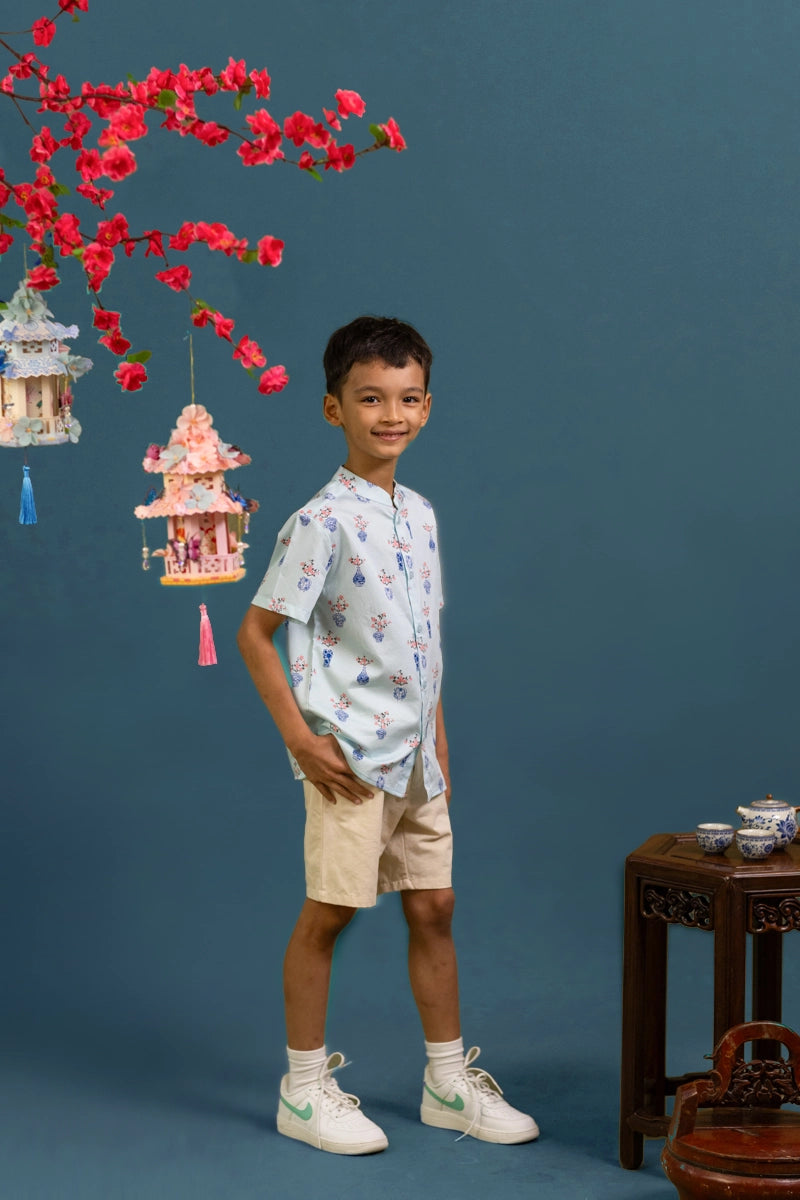 Mandarin-collared Shirt - Turquoise Vases