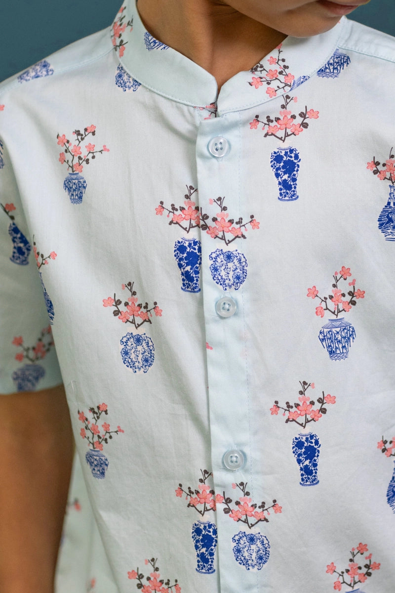 Mandarin-collared Shirt - Turquoise Vases