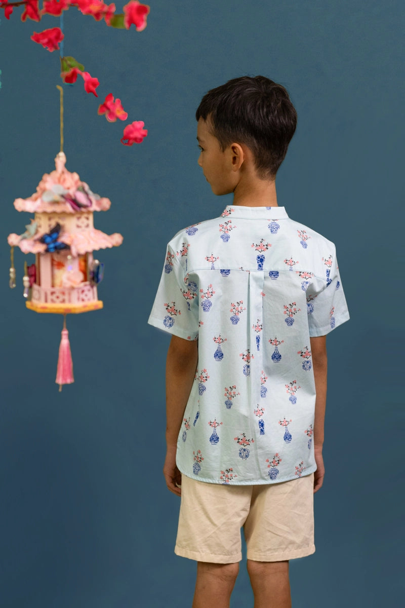 Mandarin-collared Shirt - Turquoise Vases