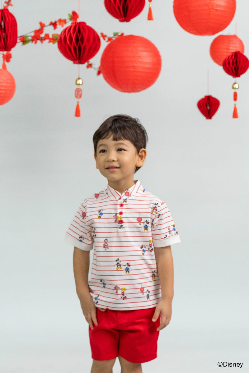 Mandarin-collared Polo Tee - Firecracker Mickey