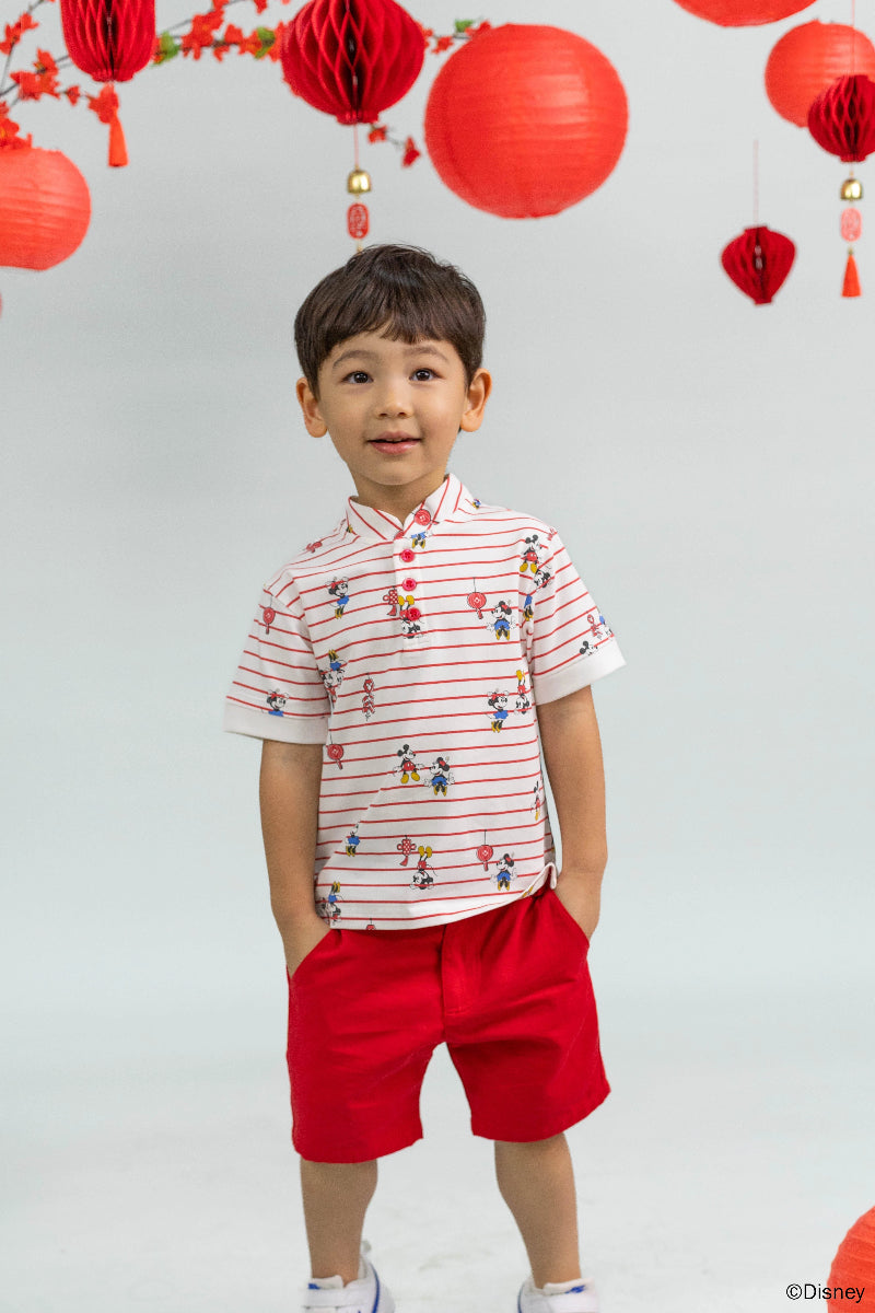 Mandarin-collared Polo Tee - Firecracker Mickey