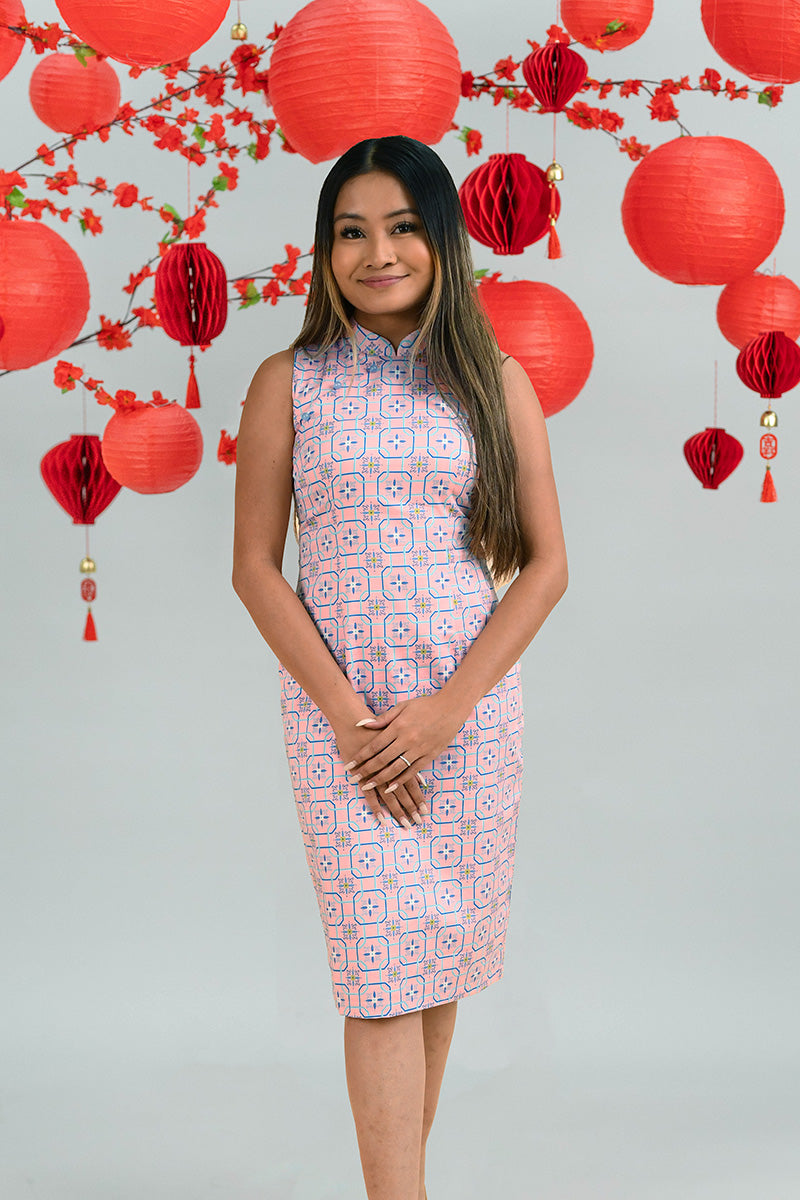 Ladies Mini Peony Cheongsam - Pink Tiles