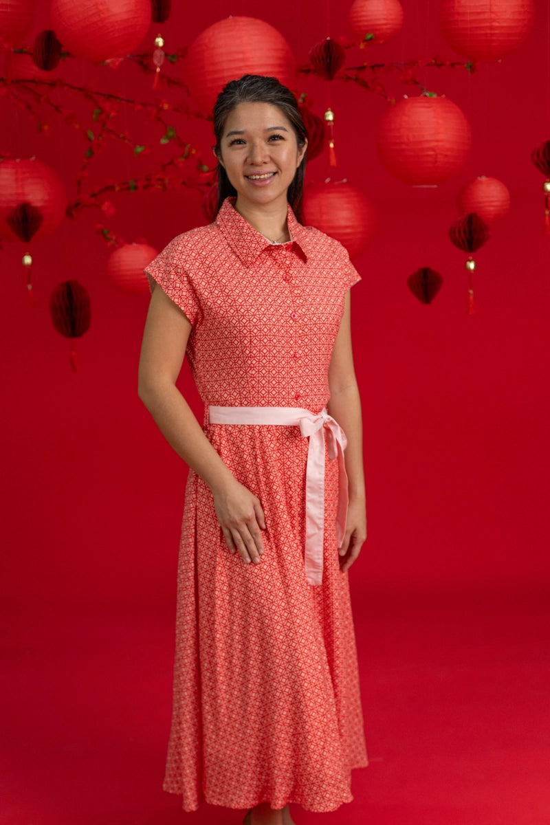 Ladies Shirly Dress - Peach Red Mosaic