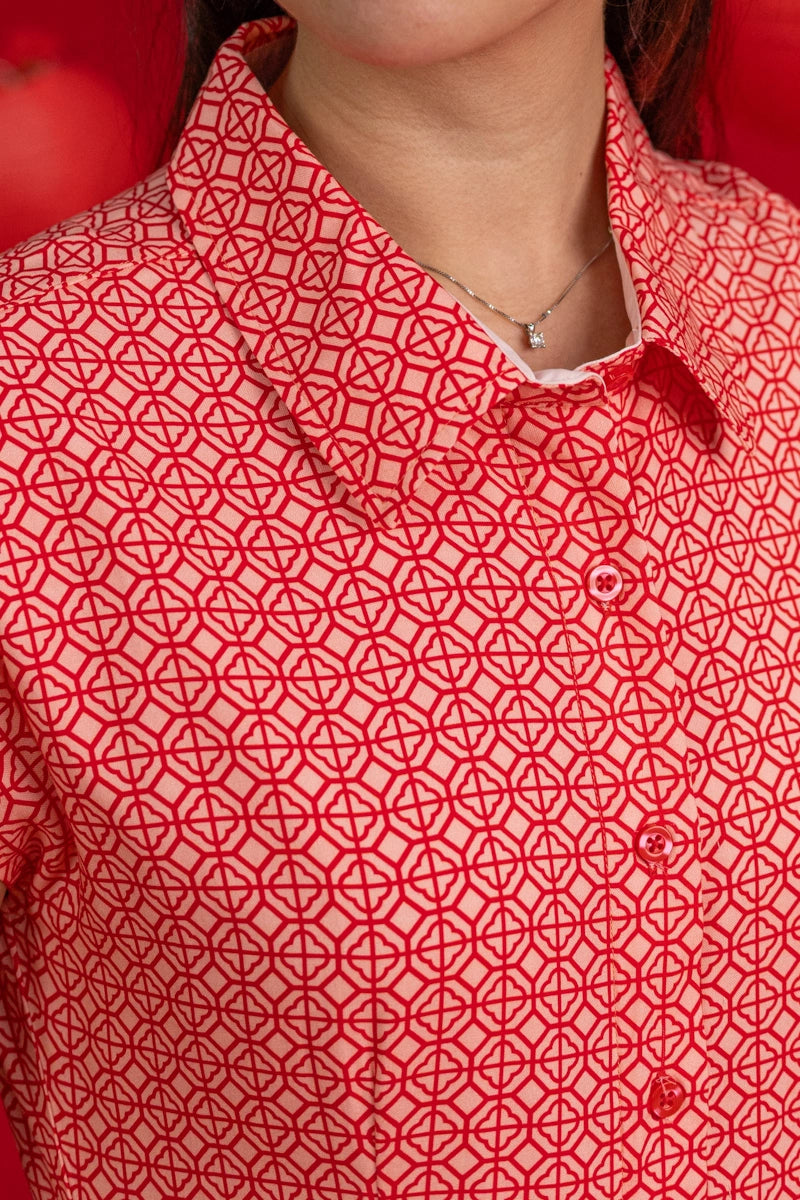 Ladies Shirly Dress - Peach Red Mosaic