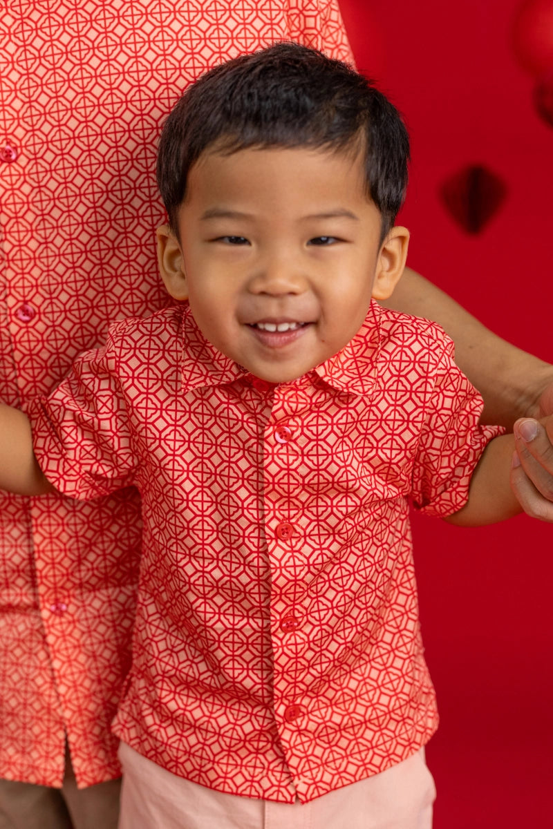 Little Man Shirt - Peach Red Mosaic